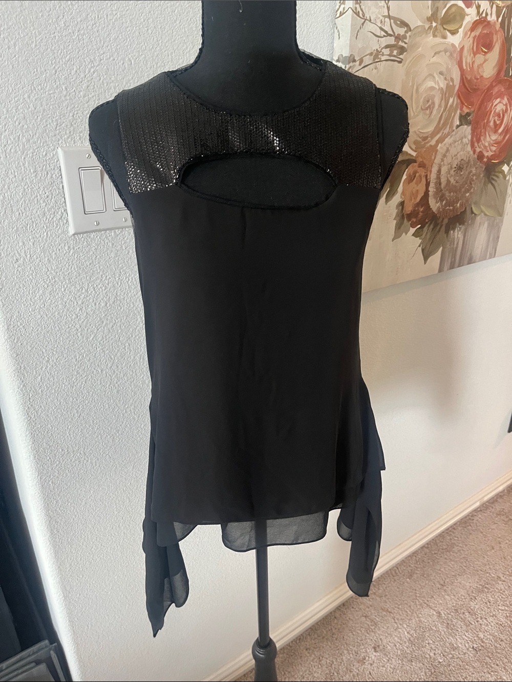 BCBG Maxazria Black Sleeveless Sequin Yoke Asymmetrical Hem Top